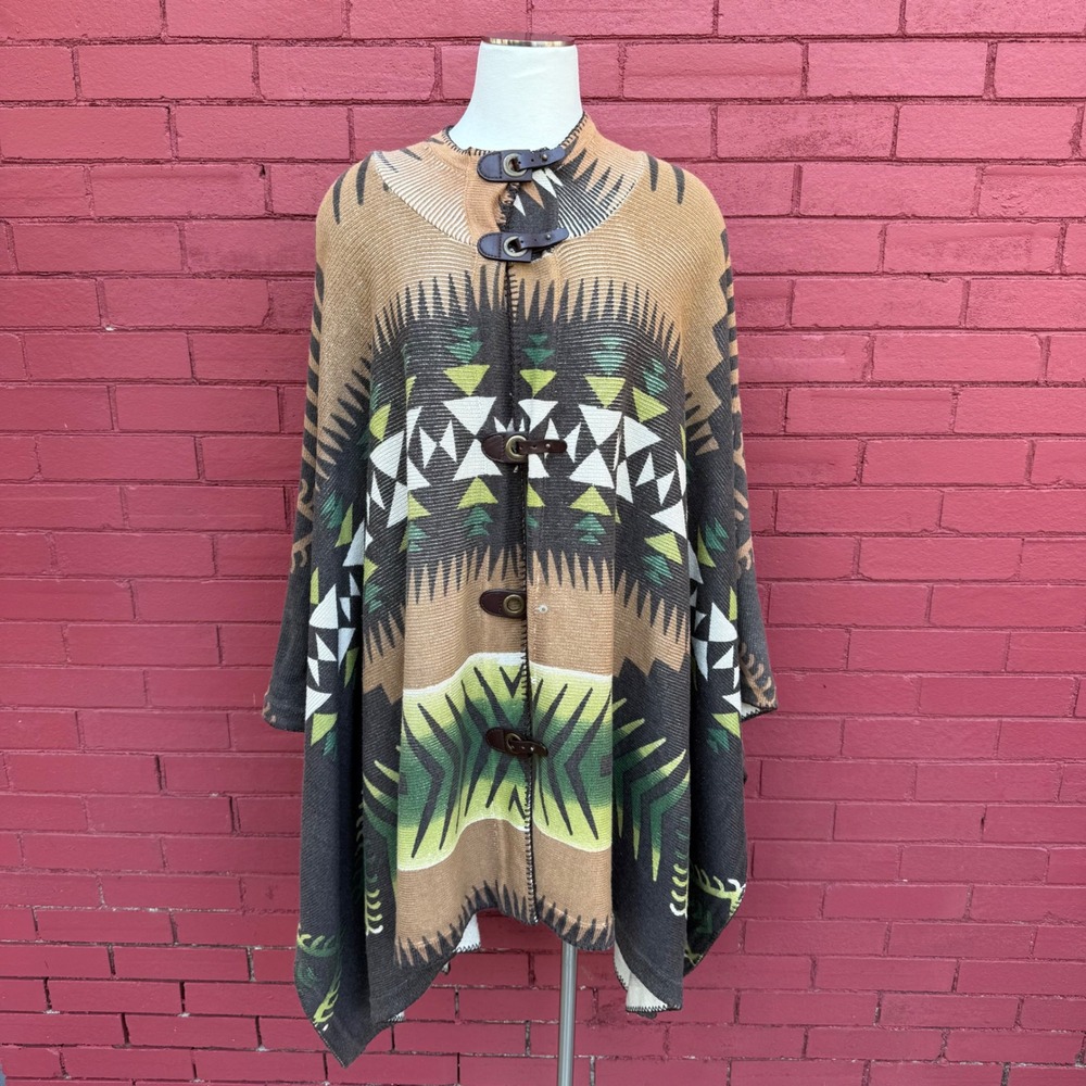 Reba Aztec Print Button Poncho Cape Shawl Boho Chic‎ Blanket One Size